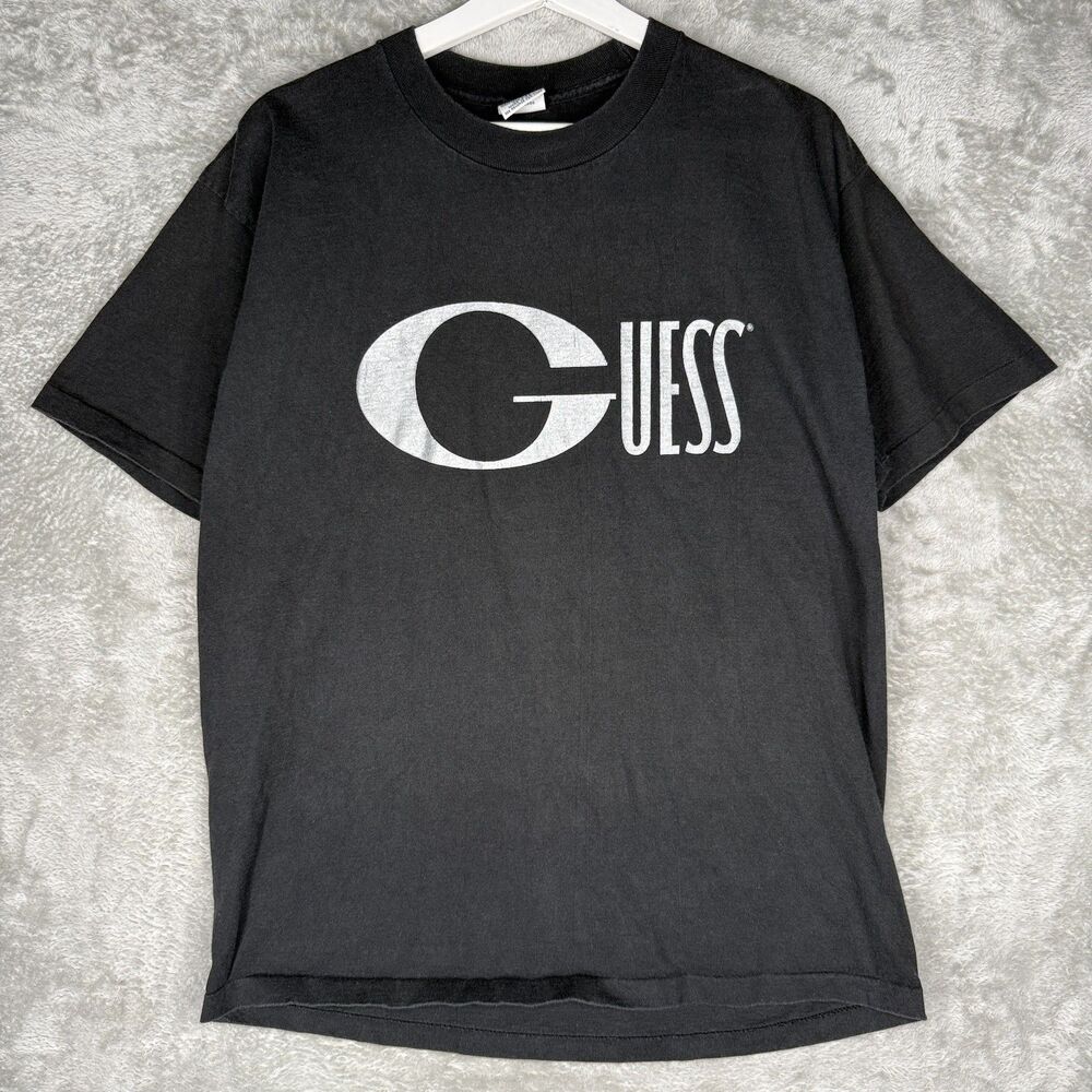 Vtg 90s Guess T-Shirt Mens One Size Large Black Faded Georges Marciano USA Logo